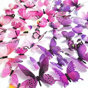 60Pcs 3D Butterfly Wall Decor, Decoration Party Birthday Cake Waterproof Removable Mural Sticker, Butterflies Wall Art Home Decals Living Room Bathroom Bedroom Office Decorative (Pink Purple)