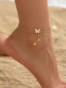 Butterfly Multi-Layer Ankle Bracelet, Boho Style Beach Holiday Accessory, Fringe Pendant Design, Summer Fashion Jewelry for Women