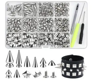 402 Pcs Punk Studs for Clothing, 9 Sizes Cone Spikes for Clothes, Square Pyramid Studs and Spikes, Leather Rivets Metal Spike for Crafts Bags Belts Shoes Caps Necklace Decoration with Tools