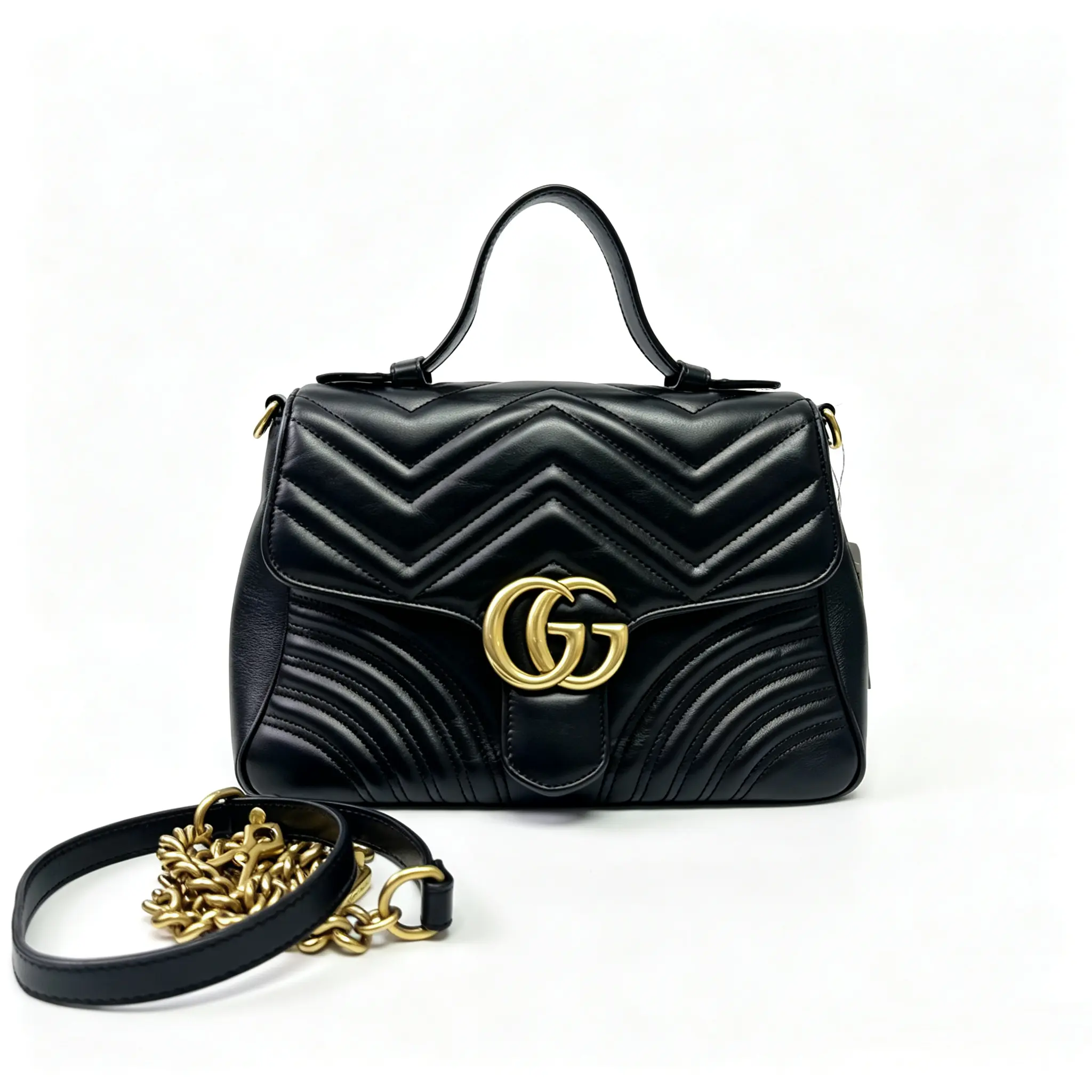 Pre-owned Gucci Black GG Supreme Marmont Gold Hardware Top Handle Messenger Bag D0125