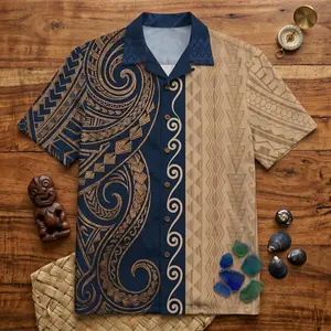 Polynesian Tribal Shirt, Split Color Hawaiian Button Down, Retro Navy Tan Tattoo Top, Maori Geometric Summer Beach Gift