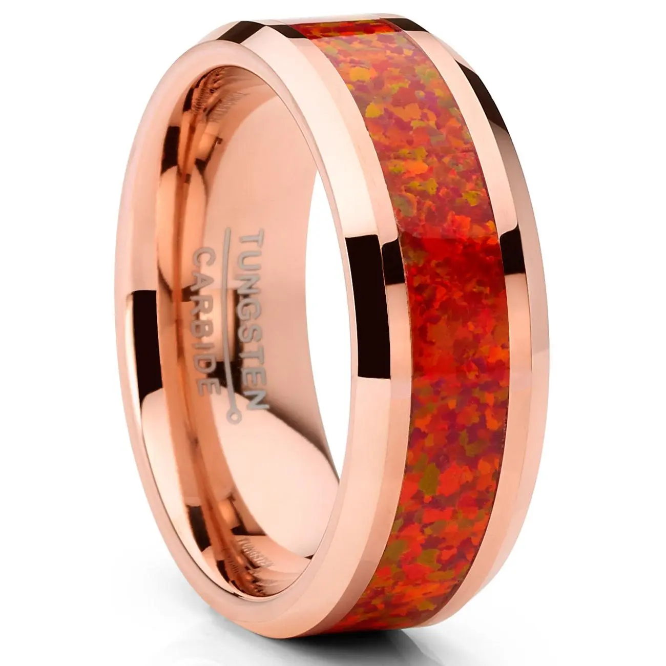 Men's Rosegold-tone Tungsten Carbide Wedding Band Ring Red Opal Inlay 8MM Comfort-Fit