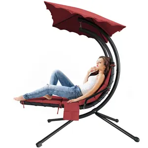 Relaxing Outdoor Hanging Chaise Swing Chair with Canopy Umbrella Featuring a durable curved steel frame, ultra-soft cushion and cozy red mat, this hammock-style lounger delivers ultimate comfort. Perfect for patio, garden, poolside, backyard and porch lei
