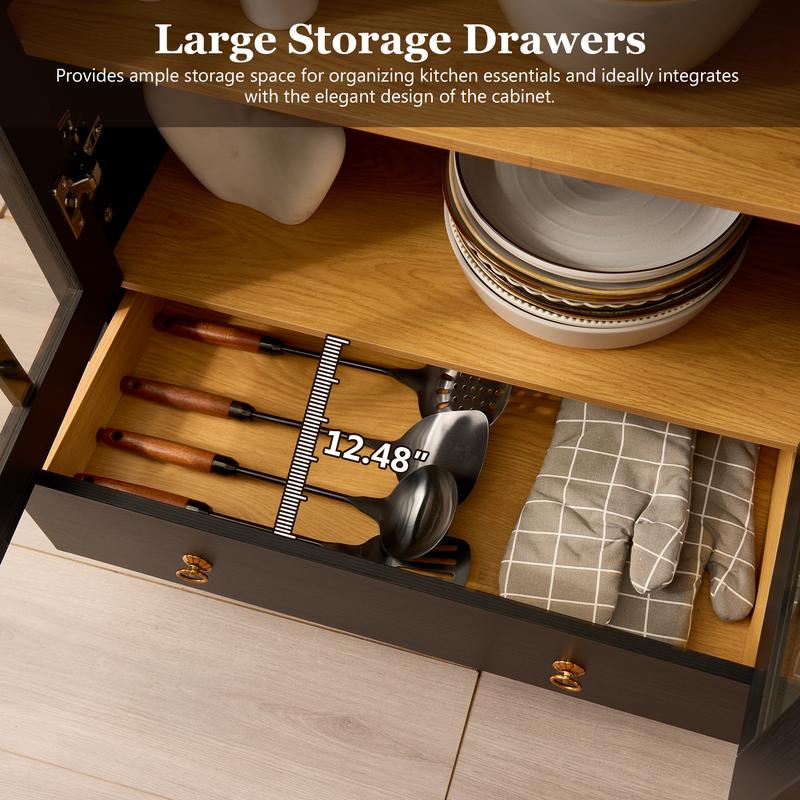 【Jumpstart Sale】71" Tall Arched Kitchen Pantry with Magnetic LED Lights, Modern Farmhouse Wood Kitchens Storage Cabinets with Large Drawers and Glass Door, Versatile Cupboard for Kitchen, Dining Room, Bathroom, Livingroom