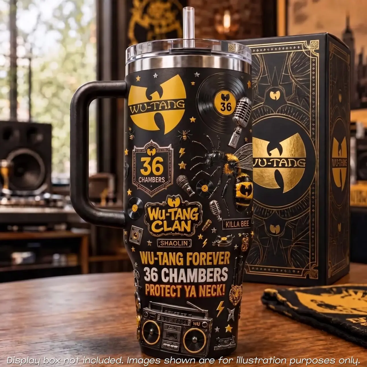 Wu-Tang Clan 40oz Tumbler Handle Straw, Insulated Travel Mug, 36 Chambers Shaolin Protect Ya Neck Killa Bee Black Gold Cup, Hip Hop Rap Music Fan Gift, Vintage Retro Car Water Bottle