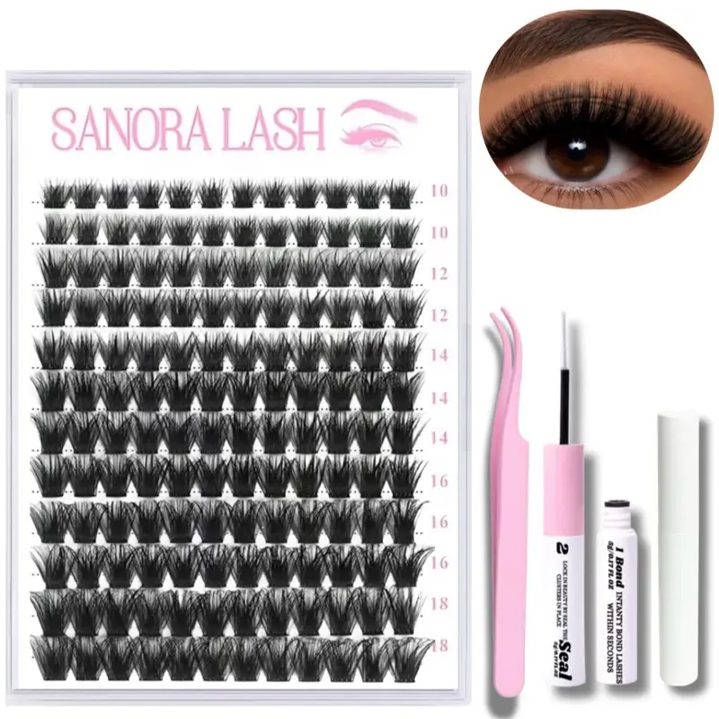 Sanora Cluster False Eyelashes (10mm-18mm) with Pink Tweezers, Bond and Seal, Lash Cluster Remover – Makeup for Longer Looking Eyelashes, 10mm Lashes