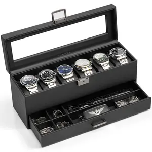 Vlando 6 Slots 2 Layers Watch Case for Men, Watch Box with Glass Lid, Lockable Watch Holder, Business Textured Leather Organizer Display Case, Soft Pillow, Gifts for Fathers, Dad, Husband - Black
