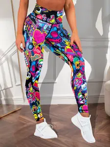 Women's Colorful Cartoon Print Yoga Leggings, Tight-Fit Casual Sportswear for All Seasons, Gym & Outdoor Activities