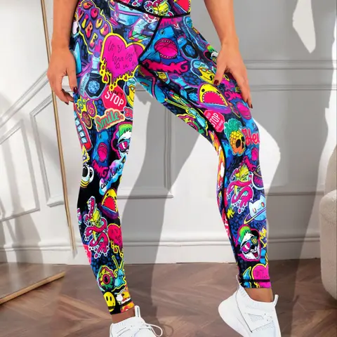 Women's Colorful Cartoon Print Yoga Leggings, Tight-Fit Casual Sportswear for All Seasons, Gym Workout Leggings, Gym & Outdoor Activities, High Waisted Leggings, Athleisure Style Bottoms, Activewear Bottoms