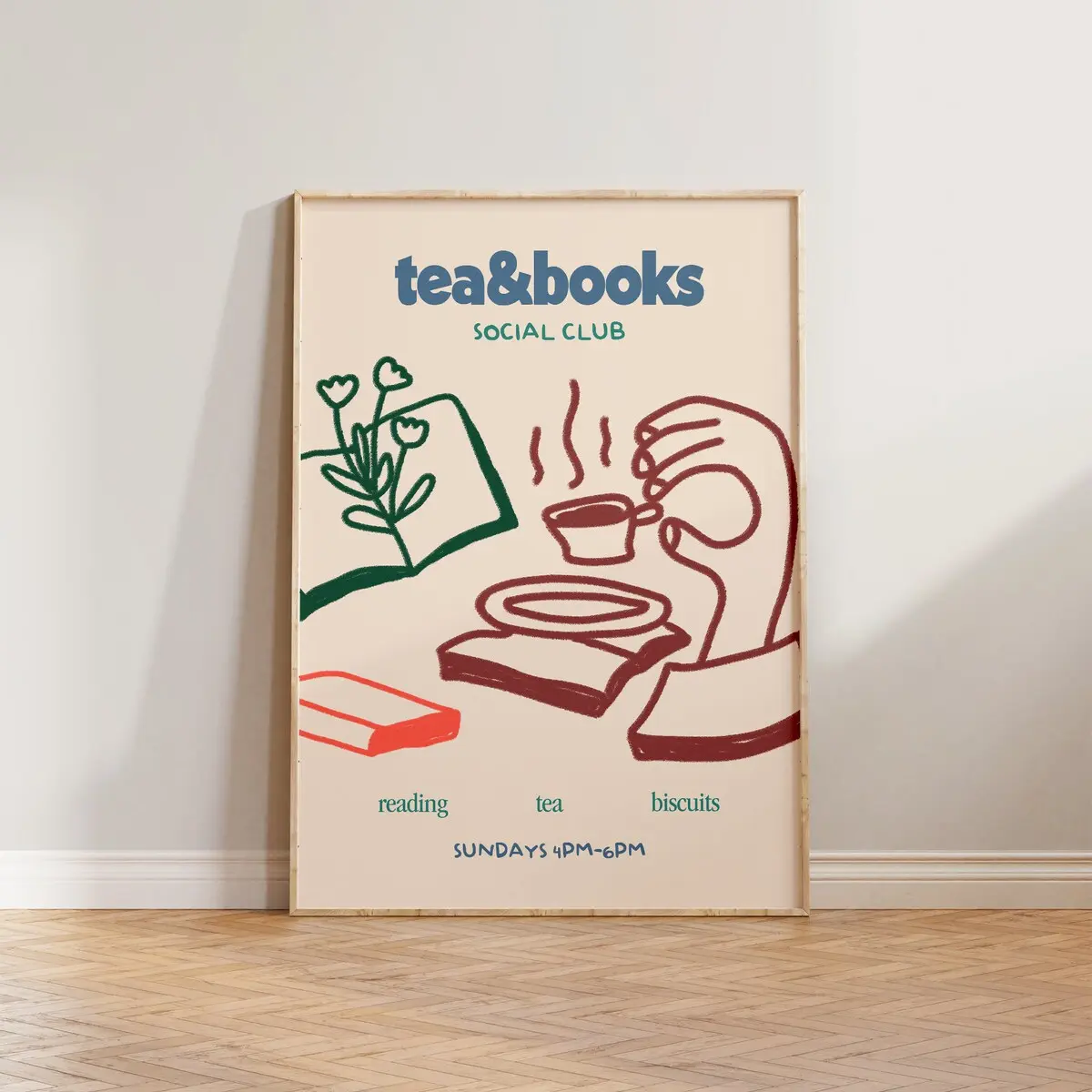 Book Wall Art, Reading Poster, Gift For Readers, Hand Drawn Illustration Wall Art, Tea & Books Social Club Print, Retro Literature Prints