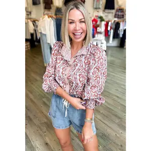 Floral Print Frilled Striped Trim Button Down Smocked Cuffs Long Sleeve Shirt