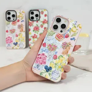 Coquette Vintage Watercolor Fruit Floral Puppy Print Phone Case, Pink Rim Soft TPU+Matte Hard PC Anti-Scratch Shockproof Cover for iPhone 11 12 13 14 15 16 17 Air /Pro Max Protective Case, Cottagecore Aesthetic Spring Girls Gift Accessory