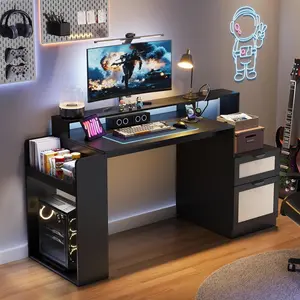 Vividwood Farmhouse Computer Desk with Drawers and Power Outlets, 60” Home Office Desk with Adjustable File Drawer, Cat Scratching Pad, Printer Stand, Shelves & Monitor Riser, Black