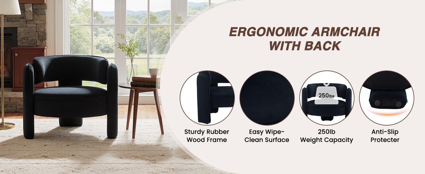 HNY Modern Barrel Accent Chair Set of 1,  Round Upholstered Armchair with Open Back, Single Sofa Armchair for Living Room, Bedroom, Waiting Rooms, Small Spaces, Black Velvet