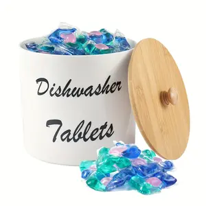 Dishwasher Tablet Container with Bamboo Lid, 1 Count Round Dishwasher Detergent Container, Farmhouse Kitchen Tablet Organizer for Kitchen, Laundry