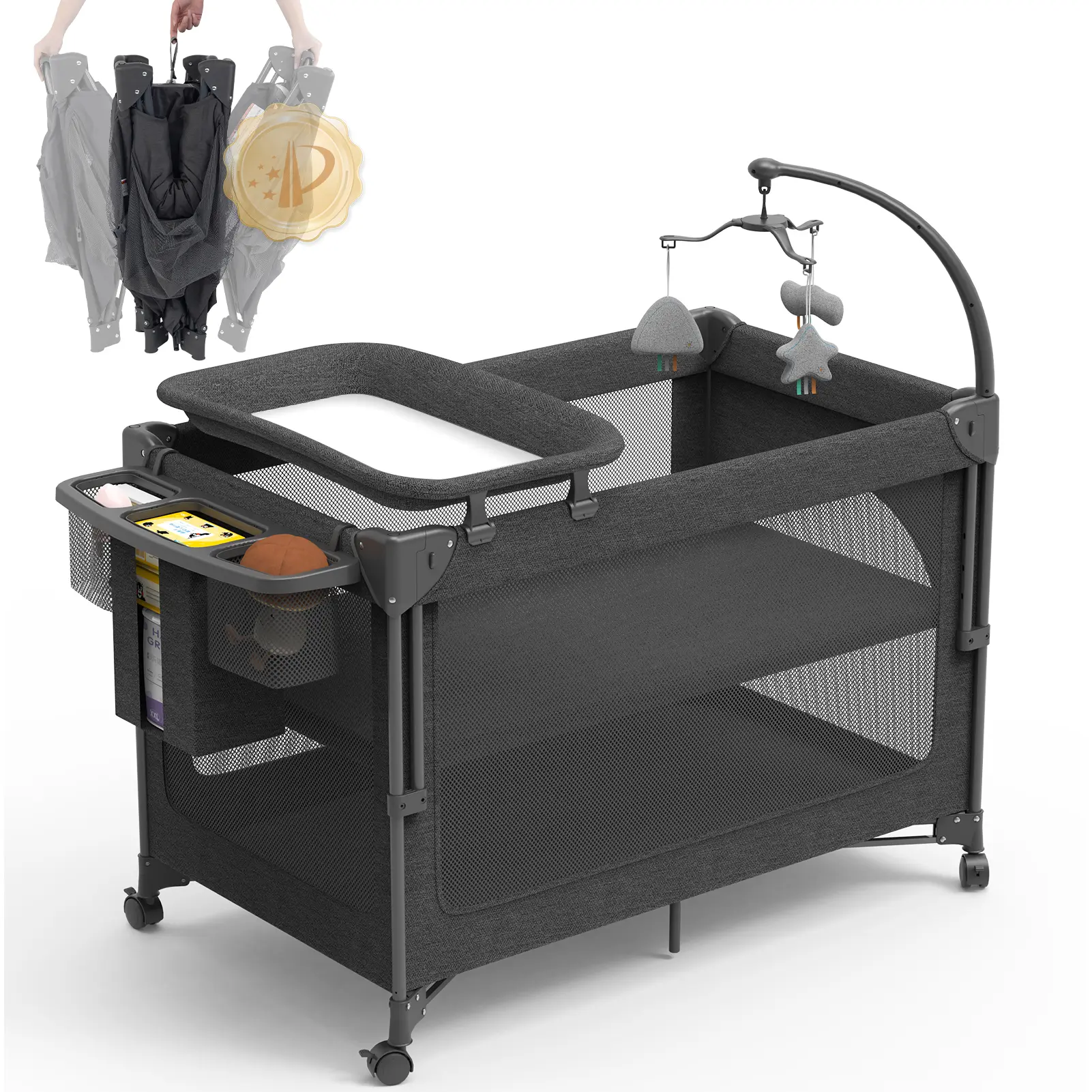 4 in 1 Baby Bassinet, Pack and Play with Mattress , Baby Crib with Wheels and Mosquito Net, Bedside Bassinet Sleeper with Baby Changing Pad , Portable Playpen Foldable Playard for babies and toddlers ,Quickly Assembled and Folded Portable Cribs