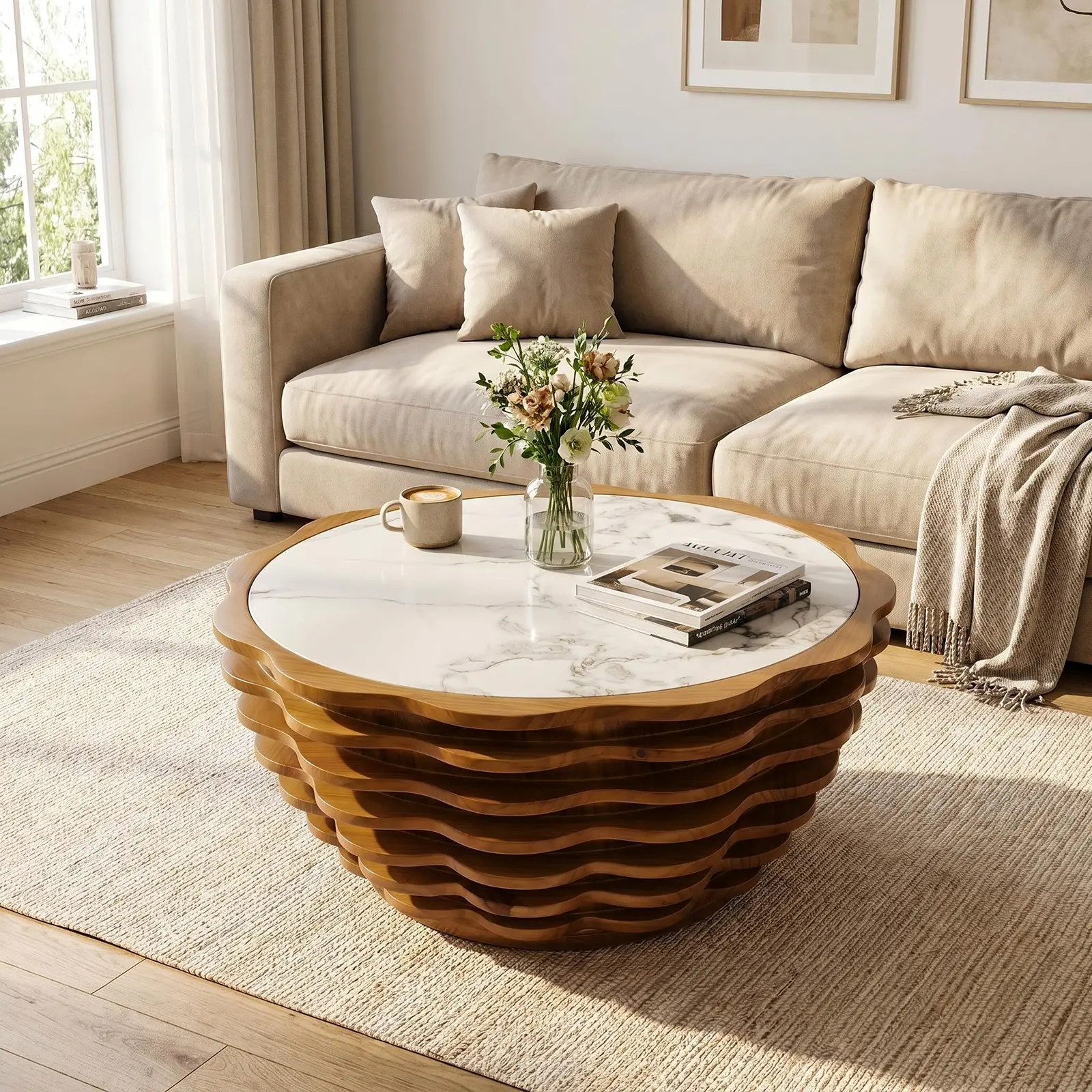 32.1" Round Coffee Table, Modern Flower-Shaped Coffee Table, Stone Tabletops with Unique Marble Patterns are Ideal for Living Room Office Cafe- Fully Assembled