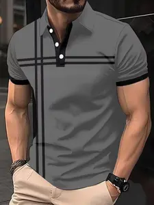 Men's Summer Fashion Casual Sports Short Sleeve Turn-Down Collar Top, Athletic Shirts, Geometric Pattern, Fitted, All Seasons, 3D Digital Print, Active Sportswear, Fitted Polo