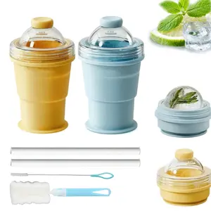 2 Pack Collapsible Ice Ball Maker Cup, 2-in-1 Silicone Folding Ice Cube Cup Tray Portable Leakproof Travel Tumbler with Lid & Straw, Reusable Sphere Mold for Whiskey, Bourbon, Coffee, Summer Drinks