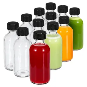 12-Pack 2 oz (60ml) Small Glass Boston Round Bottles with Lids - Leak-Proof Mini Travel Containers for Ginger Shots, Juice, Whiskey, Samples | W/Labels, Funnels & Brushes