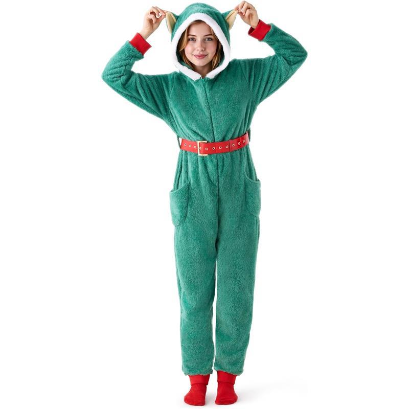 Giggling Getup Women Hooded Christmas Pajamas Outfit, Adult One-piece Winter Pajamas indoor wear