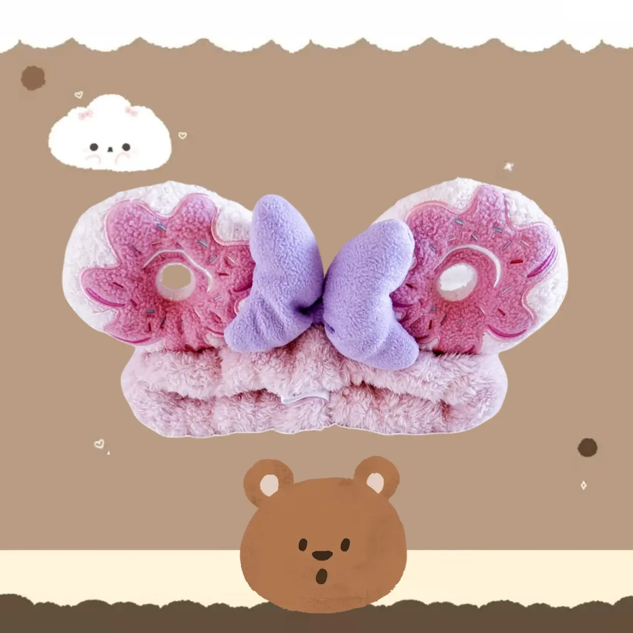 DONUT MOUSE EARS HEADBAND - Facial Makeup Head Band Soft Coral Fleece Head Wraps For Shower Washing Face
