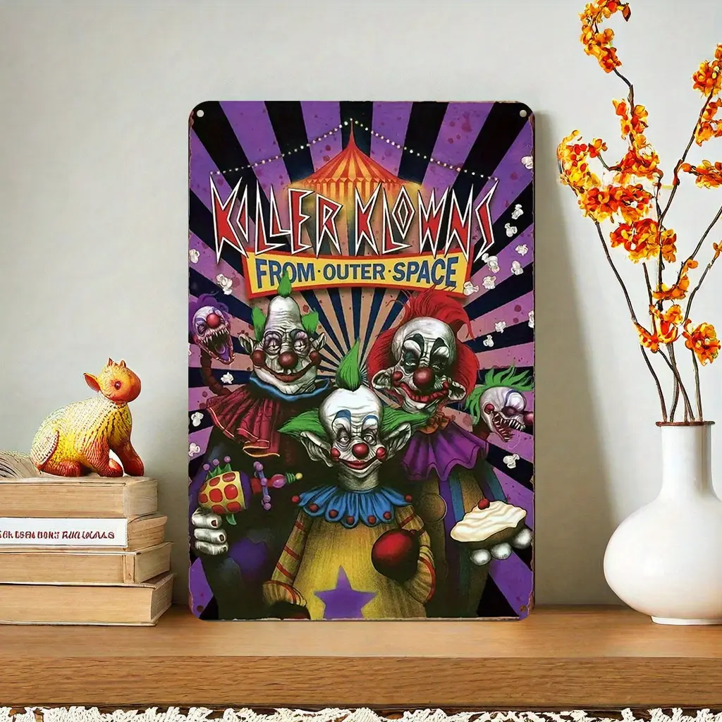 Killer Klowns from Outer Space Carnival Clown Vintage Metal Sign - 8x12 in Classic Movie Print, Durable Tin Wall Art, Easy-to-Hang Home Decor for Room, Bar