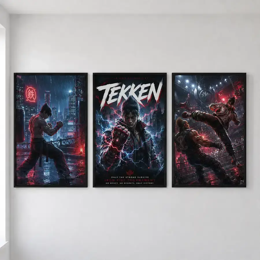Tekken Fighting Game Mishima Feud 3 Piece Wall Art Set, Arcade Combat Video Game Poster Prints for Gamer Room