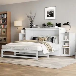 Queen size Murphy bed with spacious storage drawers and shelves, Ideal for guest rooms or compact bedrooms,White