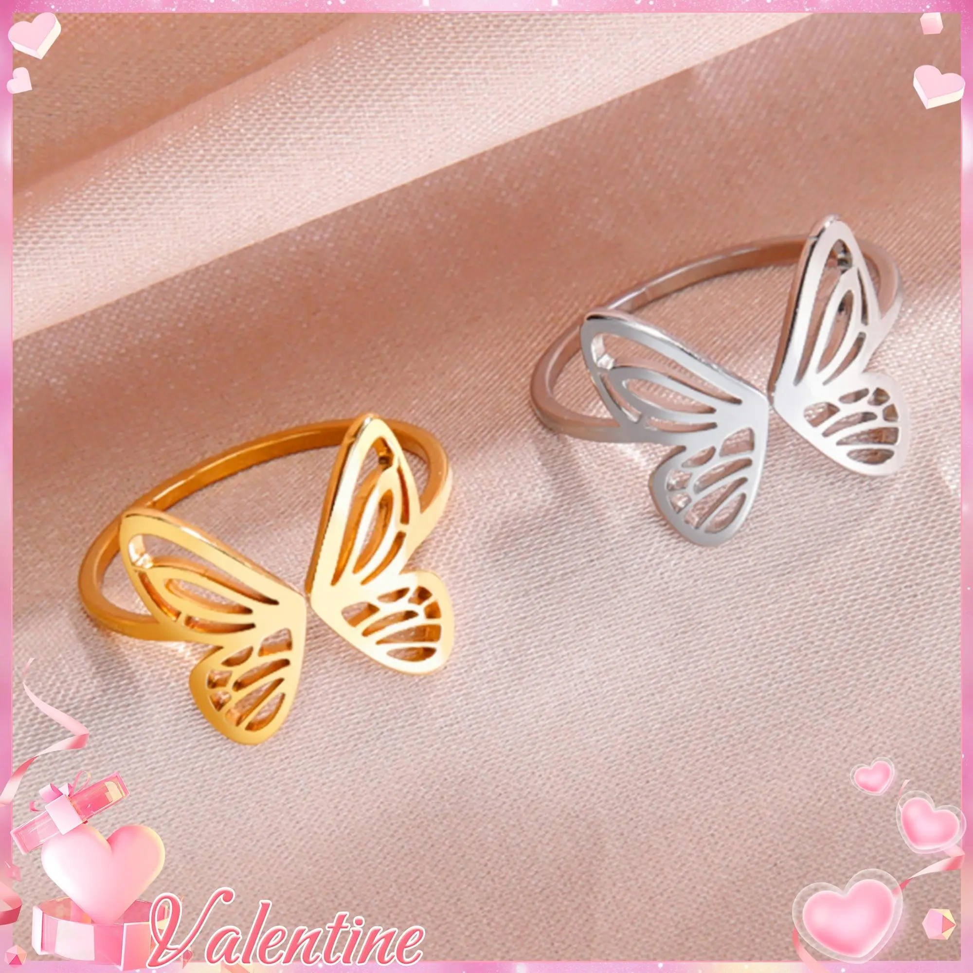 Women's Adjustable Stainless Steel Golden Expanding Butterfly Ornament Ring, Metal Butterfly Ring Fashion Jewelry for Wedding, Birthday Gifts, Expanding Rings, Butterfly Ornament Rings