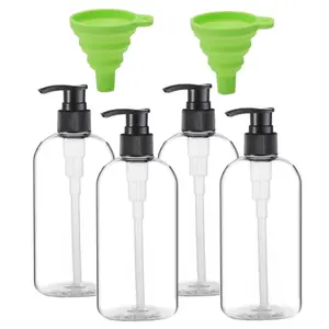 4pcs Empty Plastic Pump Bottles Dispenser 16oz/500ml Portable Clear BPA-Free Cylinder Shampoo Lotion Hand Pump Bottle Durable Refillable Containers