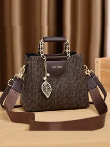 Fashion Letter Patched Design Tote Bag with Hollow out Design Leaf Charm, Casual PU Leather Shoulder Bag for Women, Trendy All-match Crossbody Bag for Work, Trip, Commute, Pu Tote Satchel