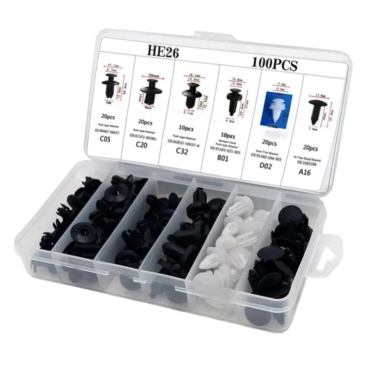 HE26 100-Piece Universal Automotive Expansion Screw Clip Set with 6 Clip Types (C05,C20,C32,B01,D02,A16) - Nails, Leaf Plates for Car Mudguards, Fenders, Auto Accessories