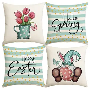 Easter Themed Cushion Cover, 4 Counts/set Cute Rabbit & Flower & Egg Pattern Cushion Cover without Filler, Decorative Pillow Cover for Home Living Room Bedroom