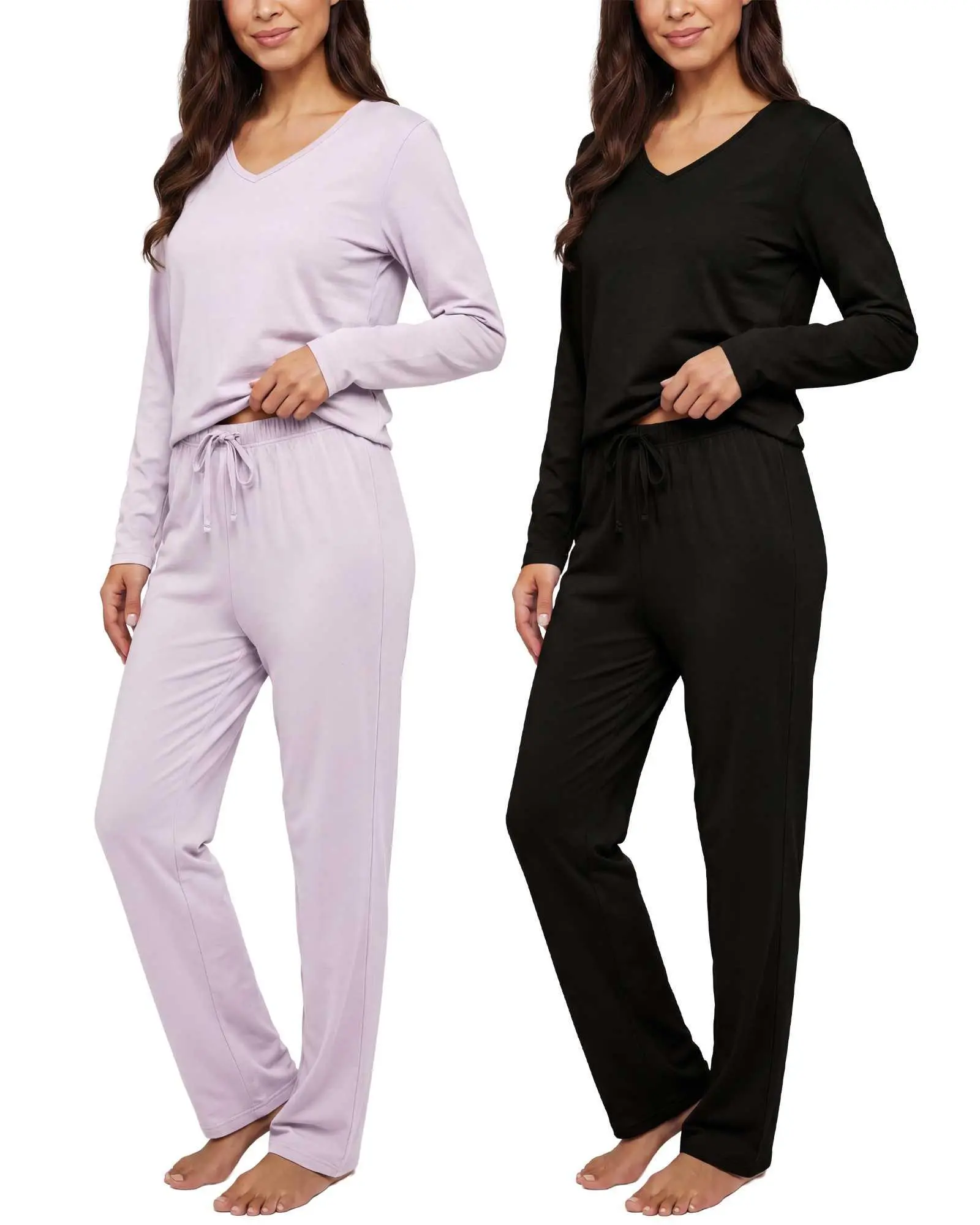 Real Essentials 2 Pack Women's Soft Cotton Long Sleeve Pajama Set with Pants - Lounge Sets for Women (Available In Plus)