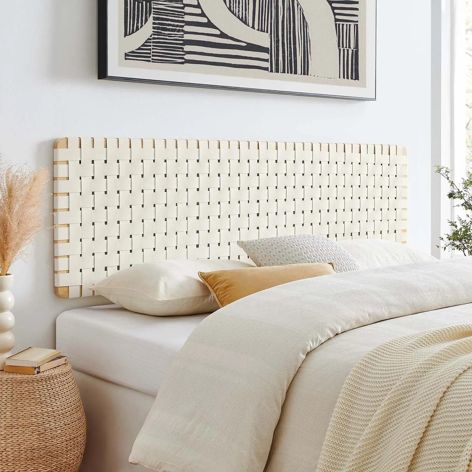 Modway Sparta Weave Adjustable Wall-Mount King Vegan Leather Headboard, Natural Beige, Adjustable Headboard