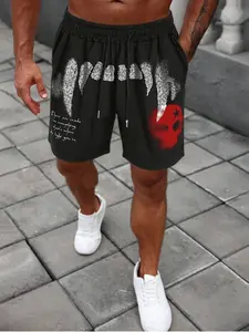 Trendy Men's Fangs & Red Skull Graphic Drawstring Shorts, Elastic Waist Pocketed Casual Athletic Bottoms, Y2K Gothic Streetwear Summer Shorts for Street Style & Daily Wear #MensDarkStreetwear #SkullFashion #Y2KStyle