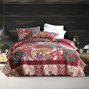 Cotton Bedspread Quilt Sets Reversible Bedding Coverlet Sets Comforters  Luxury Damask Floral Real Patchwork Burgundy Bedspread, Size
