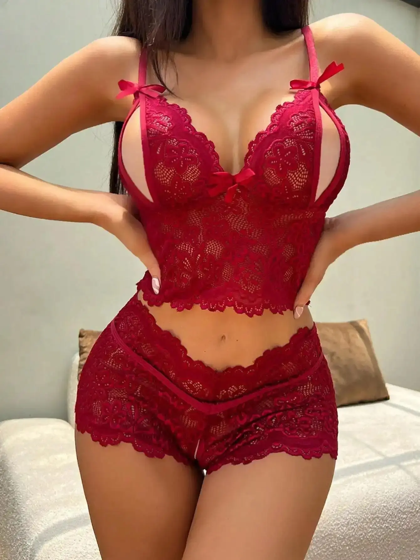 2 Piece Lingerie Set Sheer Lace Cut Out Bra and Panty Teddy Coordinated Set, Long Lasting, Must Have, Durable Wear, Stylish Look, Casual Style, Fashionable, Wardrobe Essential, Premium Quality