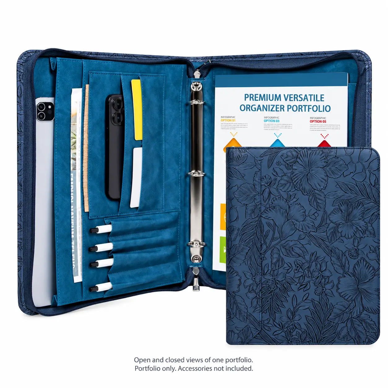 PU Leather 3-Ring Binder Portfolio, Zippered Document Organizer with Storage Pockets for Work and Meetings
