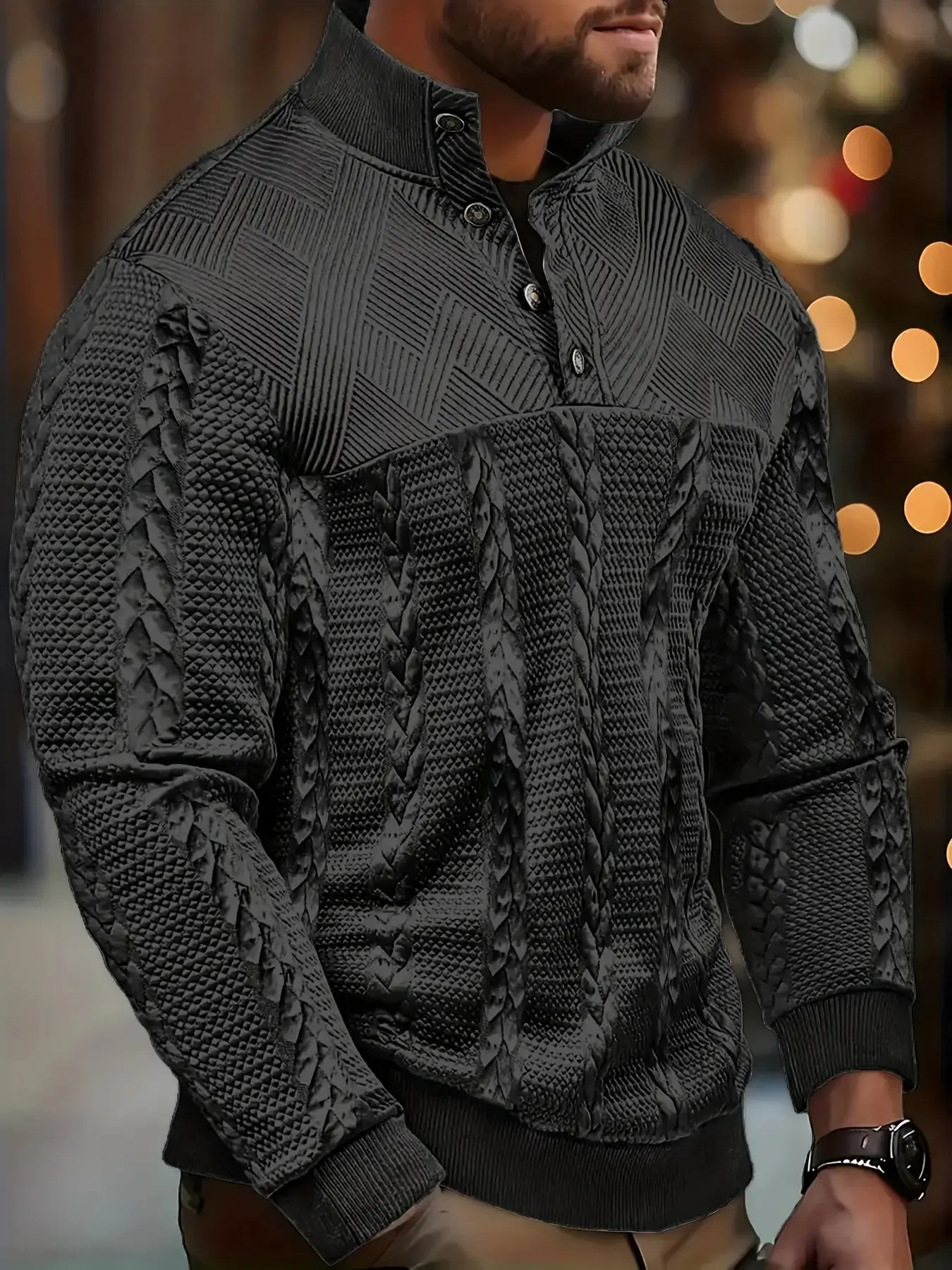 Men's long-sleeved Henry shirt, soft and elastic button long-sleeved jacquard pullover for autumn and winter, outdoor casual knitted jacquard sweatshirt, Street Casual Jumper, Knitwear, Knitted Casual Top, Modern Pullover