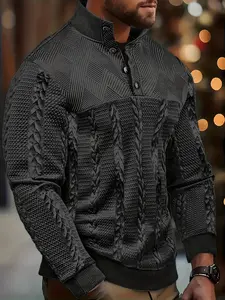 Men's long-sleeved Henry shirt, soft and elastic button long-sleeved jacquard pullover for autumn and winter, outdoor casual knitted jacquard sweatshirt, Street Casual Jumper, Knitwear