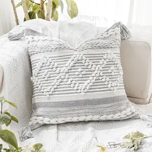 Gray Cream White Boho Throw Pillow Cover 20X20, Boho Woven Textured Pillow Cover, Neutral Pillow Cover, Sofa Couch Bed Farmhouse  Pillow (Cover ONLY)