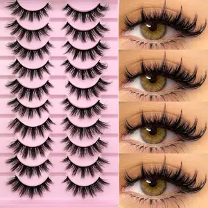 10 Pairs Fluffy Cross Cat Eye False Eyelashes Clear Stem Natural Slim Eyelashes Faux Mink Eyelashes Winged Soft Curly Eyelashes