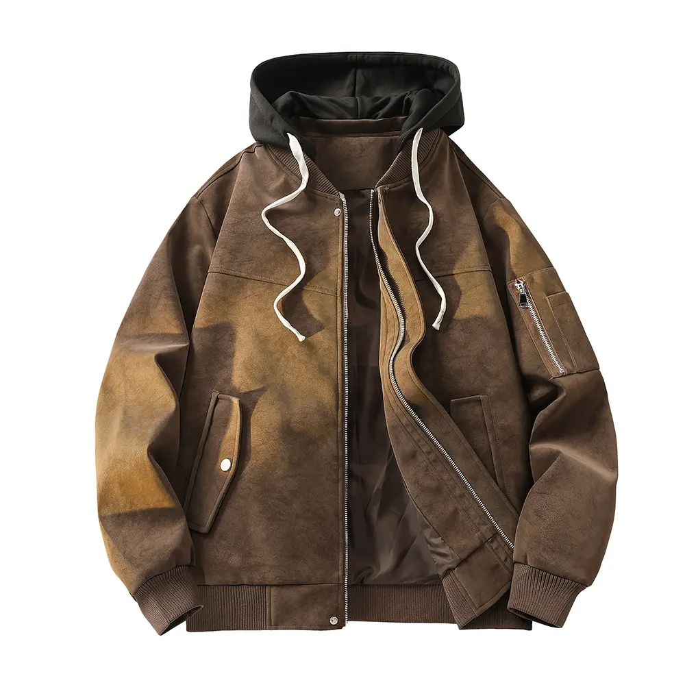 Men’s hooded jacket, Y2K street style suede baseball jacket with detachable drawstring hood, loose fit, vintage outdoor everyday commuting windbreaker, men’s casual jacket for autumn/winter
