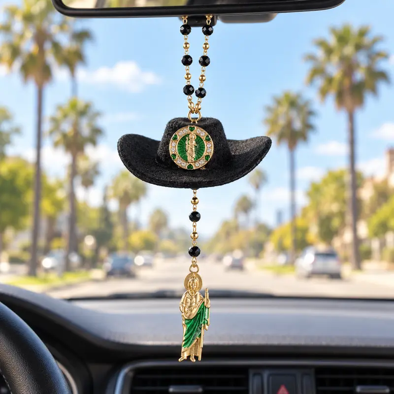 St. Jude Car Blessing Charm. Handmade Protection Gift Decoration, Black Sombrero Car Ornament Car Trinkets