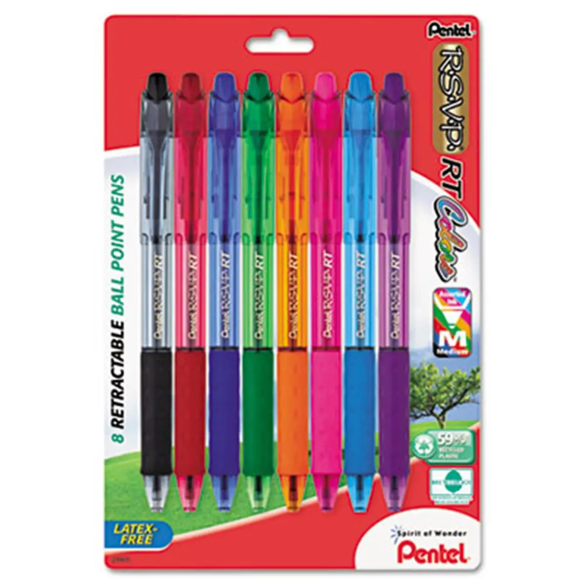 Pentel R.S.V.P. RT Retractable Ballpoint Pen (BK93CRBP8M) 8-Pk - Assorted Inks, Stainless Steel Tip, Latex-Free Grip, Transparent Barrel, Consistent Line, Durable, Escapes Writing Fatigue (Office Stationery Writing Tool), Escape Writing Fatigue