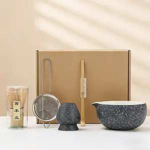5 Piece Matcha Whisk Set, Traditional Tea Making Tools, Wabi-Sabi Stone Texture, Handmade Ceramic Bowl, Natural Bamboo Chasen, Tea Scoop, Ideal Gift for Tea Enthusiasts