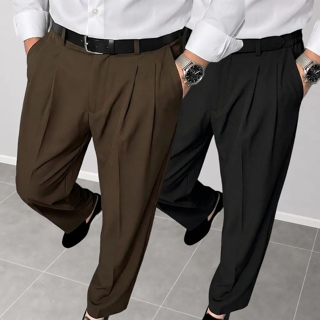 Veiskor-Men’s brown double-pleated dress pants for spring/autumn, with a fluid drape, loose straight wide-leg cut, American vintage premium feel, suitable for business casual and everyday commuting, versatile suit trousers.