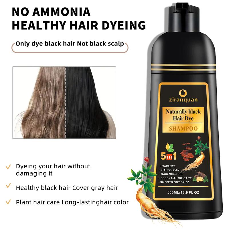 Natural Black Hair & Beard Color Shampoo with Organic Ginseng & Ginger Root Extract, 5-in-1 Instant Gray Coverage Formula for Men & Women, Sulfate-Free & Ammonia-Free Herbal Dye, Restores Shine & Strength, Long-Lasting Salon Results at Home, 16.9 Fl Oz